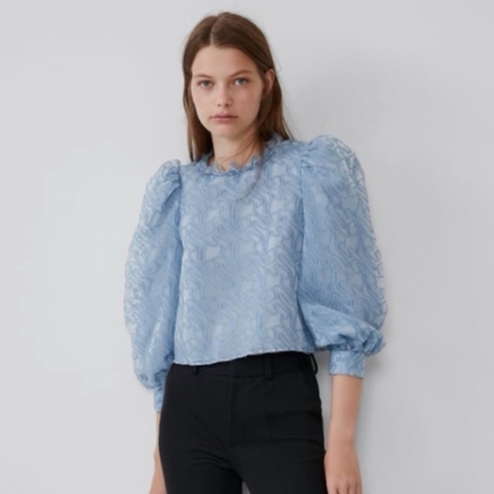 ZARA Powder Blue Puff-Sleeve “Mirandi Blue” Top – Size XS